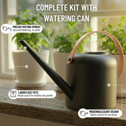 JNGROW Indoor Garden Kit - Plant Pots with Drainage, Watering Can & Tools - Ideal Windowsill Planter Set - Modern Home & Kitchen Decor Gift - Black