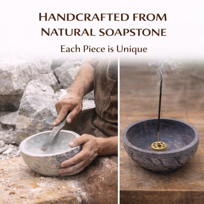 KC KULLICRAFT Natural Grey Marble Incense Holder Bowl – 5" Ash Catcher Burner for Meditation, Smudge, Palo Santo – 9-Hole Brass Insert Fits Most Incense Sticks.