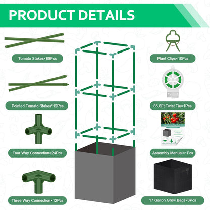 WLLEYAY 3 Pack Square Tomato Cages with 17 Gallon Grow Bags, 46'' Upgraded Heavy Duty Steel Garden Plant Support Stakes Kit, Flowers Vegetable Trellis for Vertical Climbing Plants Vines