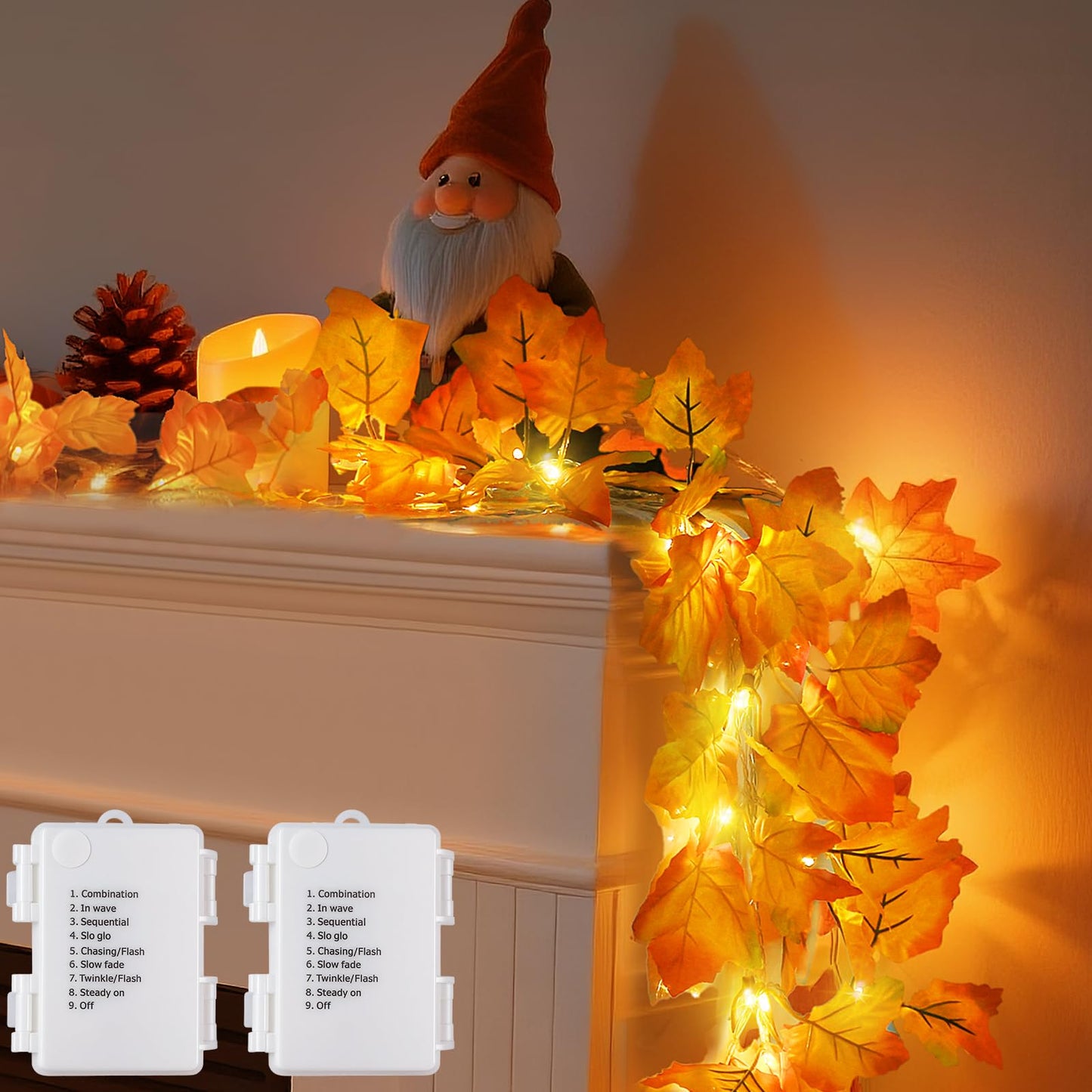 2Pack [8 Lighting Modes & Timer] Fall Decor Maple Leaf Garland with Lights 80LED Battery Operated Waterproof, Fall Decorations for Home Outdoor Indoor Thanksgiving Decor Halloween Friendsgiving Autumn