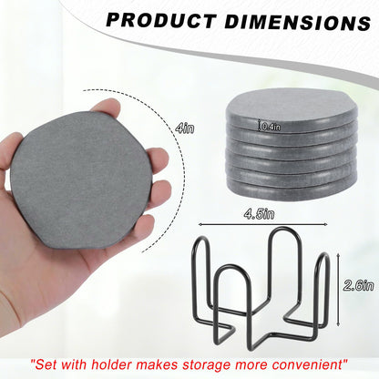 Azhou 6Pcs Absorbent Diatomaceous Earth Coasters Set with Holder - 4 Inch Quick-Dry Stone Coasters with Scratch-Resistant Surface & Velvet Base, Reusable Home Decor for Coffee Bar, Office Desk