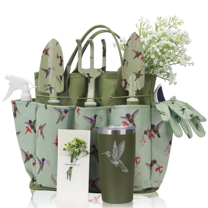 Garden Tool Set with Hummingbird Print, Heavy Duty Gardening Hand Tools with Garden Tool Bag,Gardening Gifts for Women&Men,Green