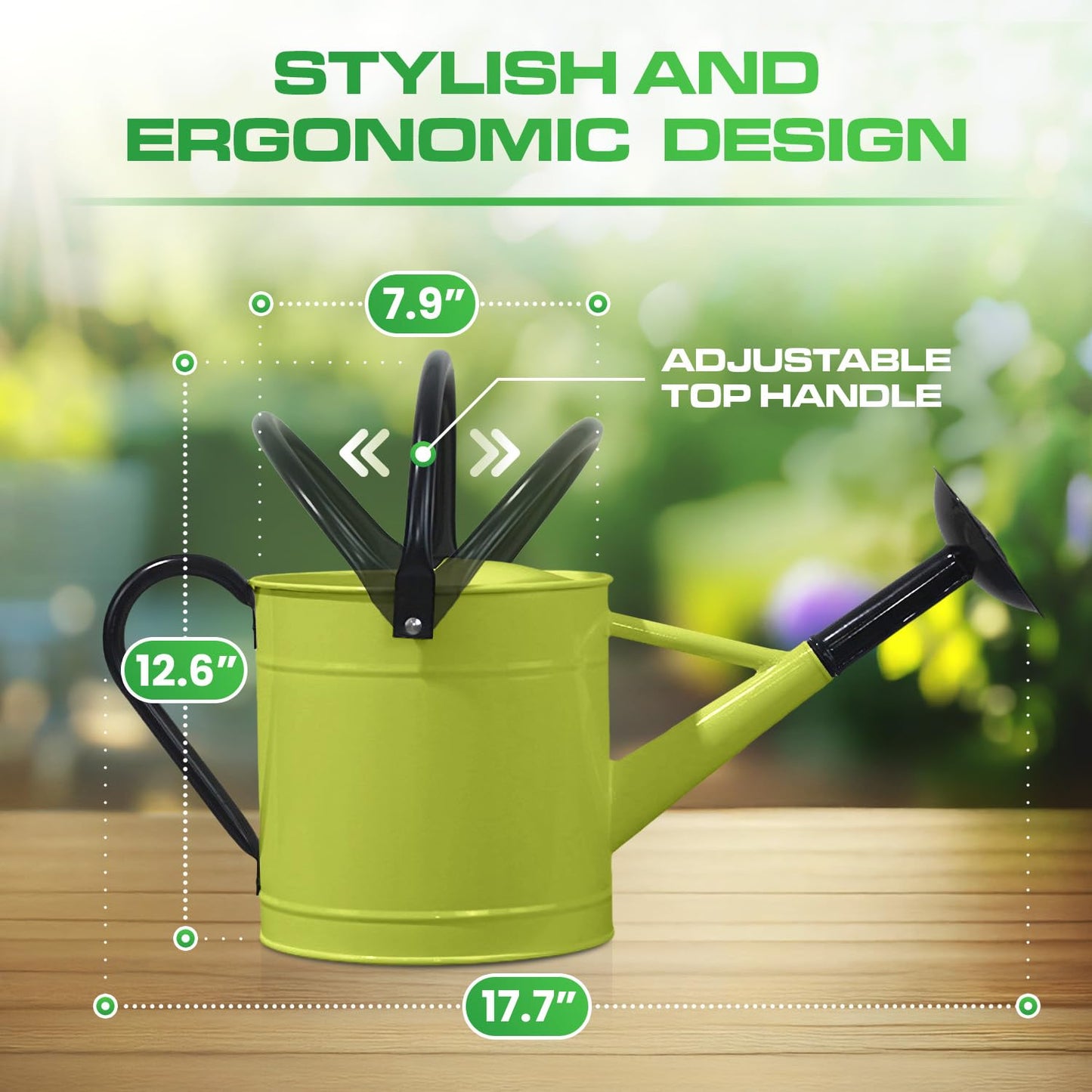 Plexon Metal Watering Can Outdoor 1 Gallon, Flower Plant Gardening Garden Large Green Watering Can Pot, Galvanized Steel Handles - Removable Spray Spout, Green