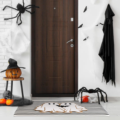 Duraaamo 2 Pcs Halloween Coir Doormat Outdoor Ghost Welcome Mat Layered Buffalo Plaid Black and White Rug Natural Coir Door Checkered Mat for Halloween Front Porch Entryway Decor