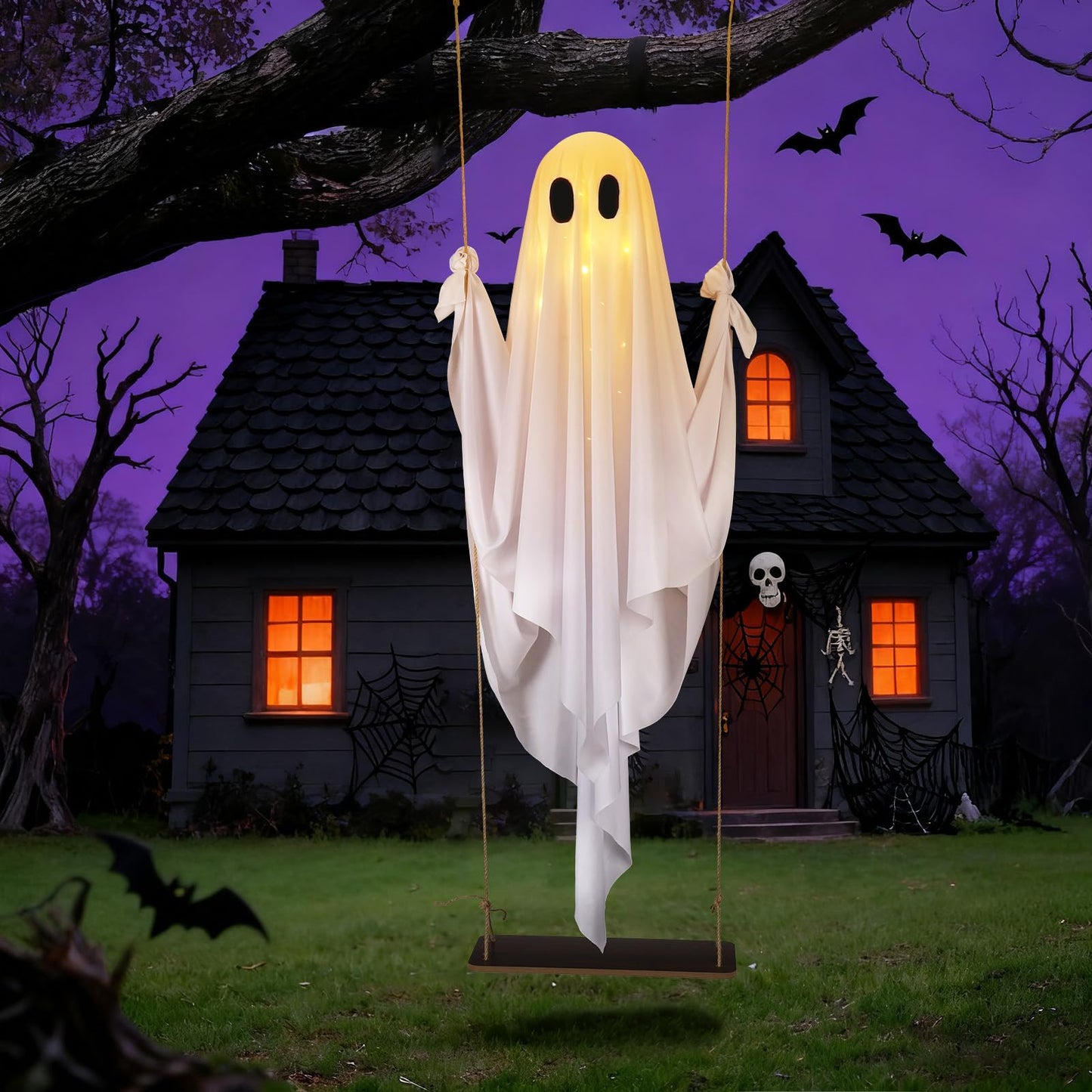 Yywsya Halloween Decorations Outdoor Large Hanging Swing Ghost with String Lights Remote Control Halloween Swinging Ghost Decor for Tree Porch Yard Garden Lawn