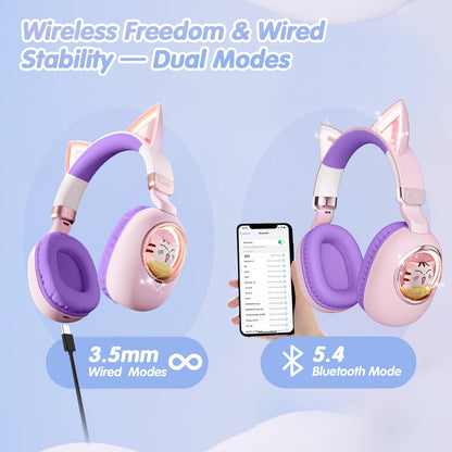 sunvito Kids Headphones Bluetooth 5.4 - Cat Ear LED Light Up Noise Cancelling Wireless Headphones with Mic, 85dB Volume Limited, Wired & Wireless Mode for Travel/School/iPad