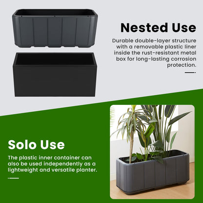 XHIKOWAT Large Rectangular Metal Planter Boxes with Plastic Inner Pot & Wheels - 33" Lx12 Wx14 H Balcony Flower Bed with Drainage Holes & Drip Tray for Outdoor Indoor Garden Patio Porch Lawn, Black