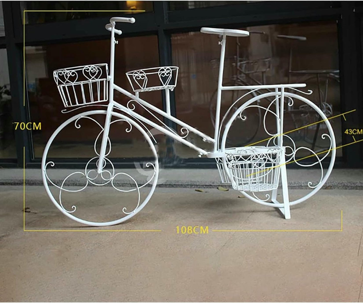 OJHVTCXD Bicycle Plant Stand with 4 Baskets Wrought Iron Flower Pot Cart Holder for Outdoor Garden Home Decor Deck Patio (White) Stand