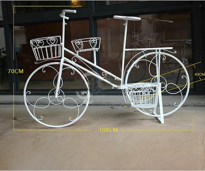 OJHVTCXD Bicycle Plant Stand with 4 Baskets Wrought Iron Flower Pot Cart Holder for Outdoor Garden Home Decor Deck Patio (White) Stand