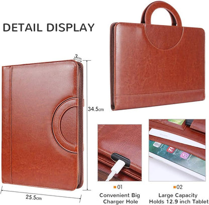 Darolin Zippered Leather Padfolio Portfolio with Hidden Handle and Clipboard, Business Conference Organizer Notepad Folder, Portfolio Bag, Padfolio for Women/Men (Brown)