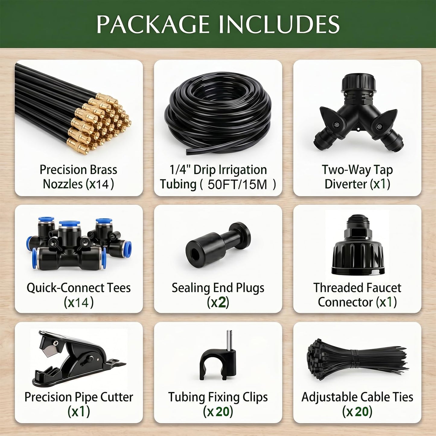 2026-Upgrade 100Ft 1/4" Drip Irrigation System,Garden Watering Kit with 20Pcs 360° Adjustable Copper Nozzles,Automatic Atomizing Sprinkler,DIY for Outdoor,Lawn,Greenhouse,Raised Beds (50FT/14pcs)