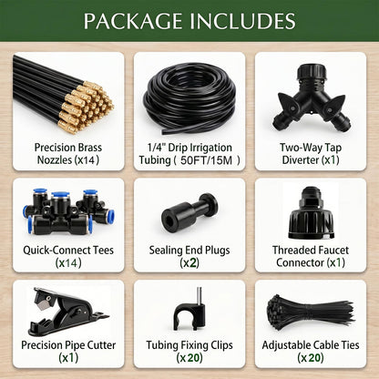 2026-Upgrade 100Ft 1/4" Drip Irrigation System,Garden Watering Kit with 20Pcs 360° Adjustable Copper Nozzles,Automatic Atomizing Sprinkler,DIY for Outdoor,Lawn,Greenhouse,Raised Beds (50FT/14pcs)