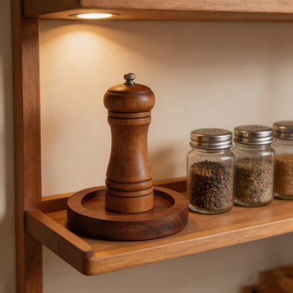 LOGOFUN Acacia Wood Spice Grinder Tray with Round Base Manual Salt Pepper Mill Holder for Kitchen Bottle Storage Home Supplies - 7.5X7.5X1.2cm/2.95X2.95X0.5in