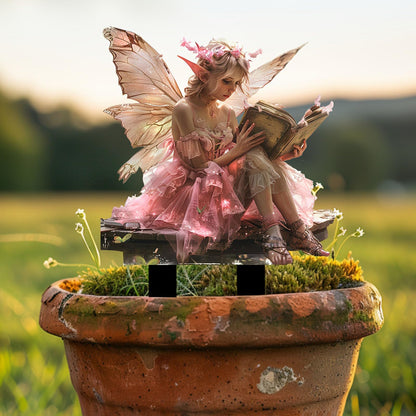 ANNUOZE Fairy Garden Stake Decor, 2D Flat Acrylic Fairy Garden Decor Panel, Elf Yard Sign for Outdoor Indoor Yard Lawn Plants Pots, Fairy Backyard Accessories (Pink Fairy Reading a Book)