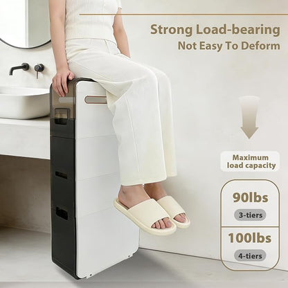 BGYMF Ultra Thin 4-Tier Slim Bathroom Storage Cabinet, Slim Cabinet for Bathroom, Narrow Rolling Cart with Wheels, White Plastic Organizer for Small Space, Kitchen, Laundry, Living Room, Corner