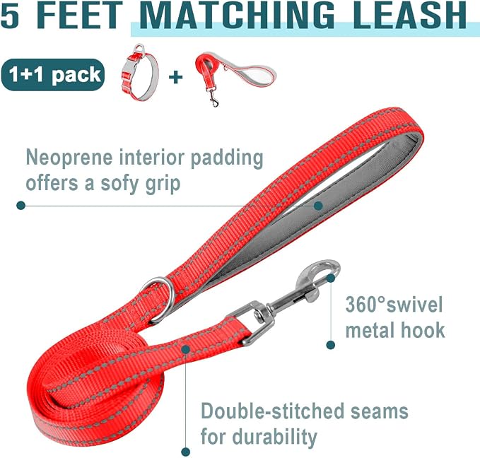 Dog Collar for Medium Small Large Dogs Reflective with Leash,Collar and Leash for Dogs,Soft Neoprene Padded 2 Pack(Red,S)