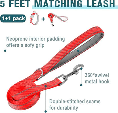 Dog Collar for Medium Small Large Dogs Reflective with Leash,Collar and Leash for Dogs,Soft Neoprene Padded 2 Pack(Red,L)