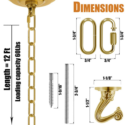 Omytie 12 Ft Heavy Duty Hanging Chain Kit with Connection Locks & Swag Ceiling Hooks for Lighting Fixture, Chandelier, Pendant, Lantern, Swag Lamp, Plant/Flower/Fruit Basket, Bird Feeder (Brass)