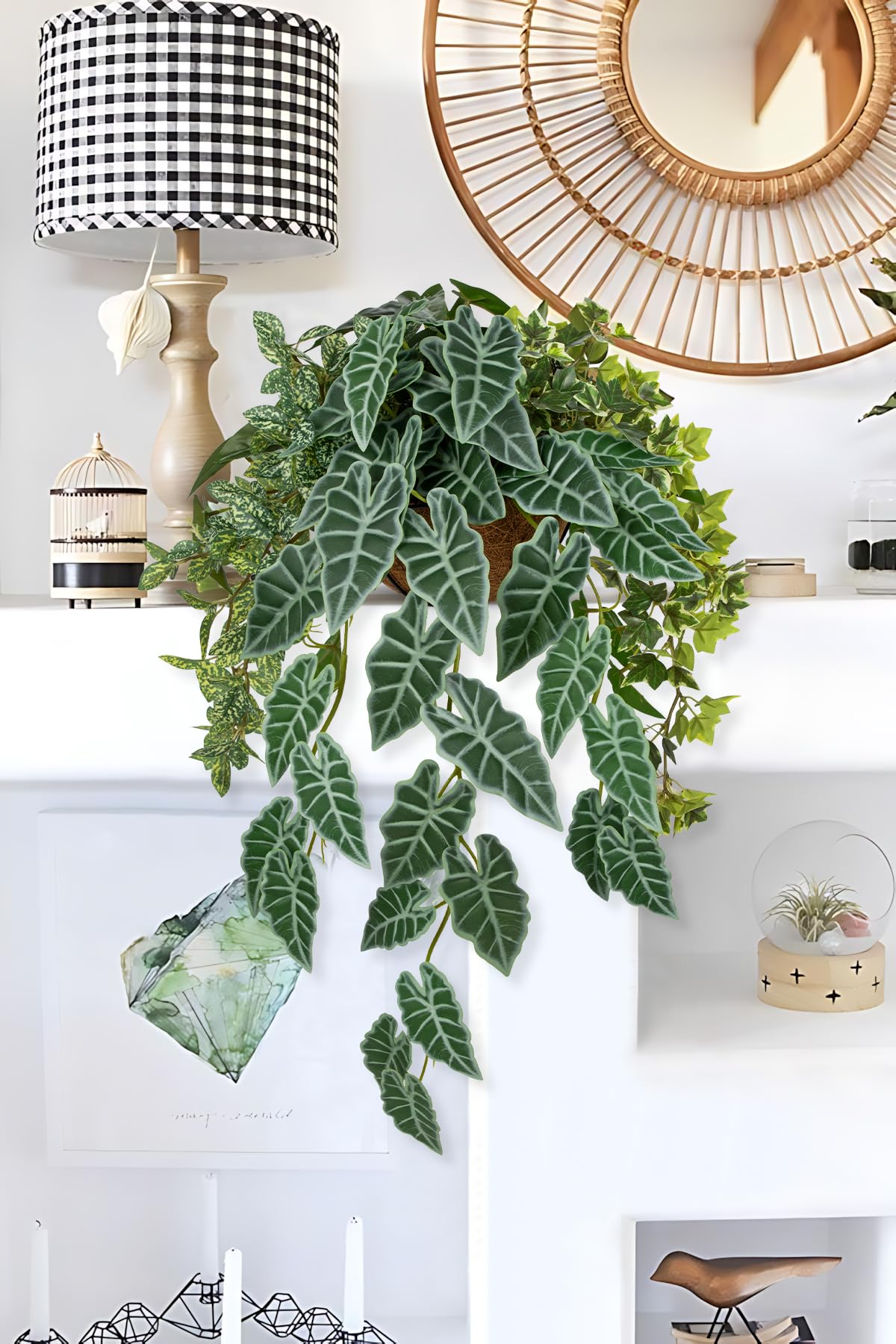 Fake Hanging Plant with Pot, Large Hanging Artificial Plants with Basket & Hanger Faux Greenery Plants Indoor Outdoor Decor Fake Alocasia Longiloba Plant in Pot for Wall Balcony Patio Office Bathroom