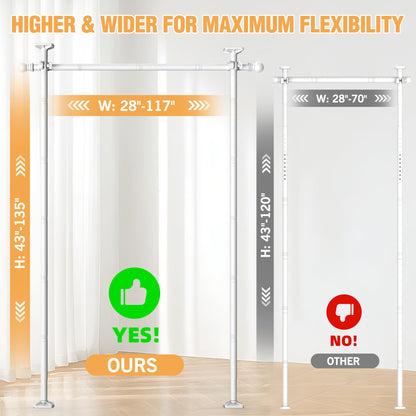 AKTOP Room Divider Curtain Rod, No Drilling Privacy Room Separator for Space Partition, 4-11ft(H) 28-117”(W) Adjustable Heavy Duty Floor to Ceiling Wall Divider Tension Rod for Room Separation, White
