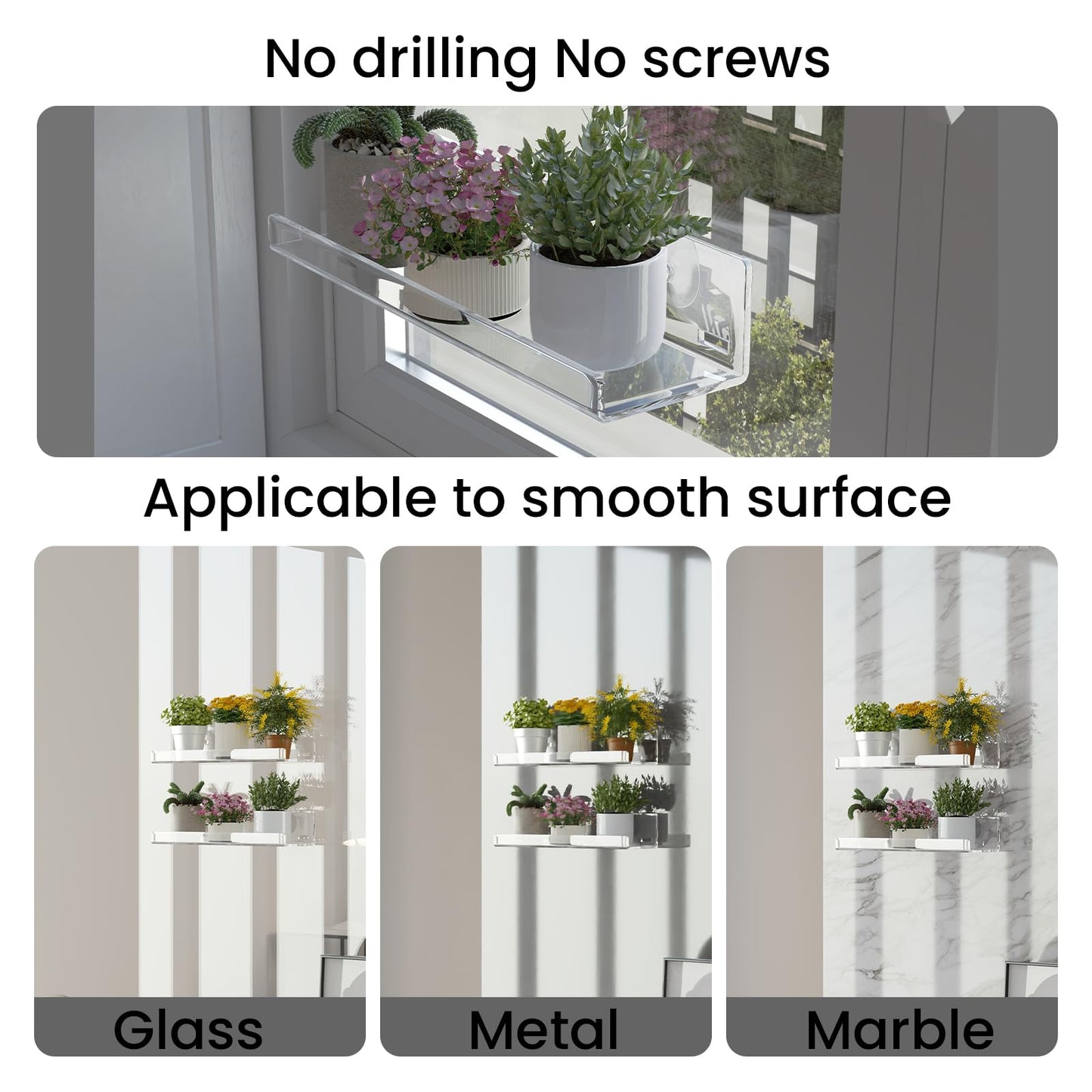 Sumerflos 2 Pack Window Shelves for Plants, Clear Acrylic Suction Cup Shelf, Window Sill Extender Floating Shelves for Indoor Plant, Flowers, Succulents, Seed Starter Pots
