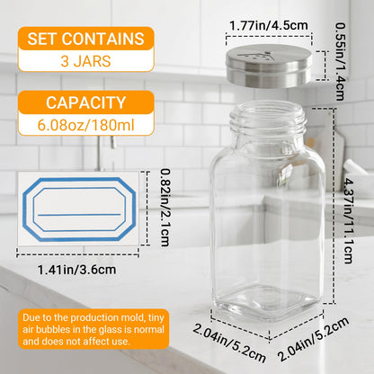 Segarty 6oz Spice Bottles with Stainless Steel Shaker Lids 3 Pack, 180ml Large Square Spice Jars for Salt Sugar, Adjustable Seasoning Storage Bottles with 3 Labels for Condiments Herbs Grains Storage