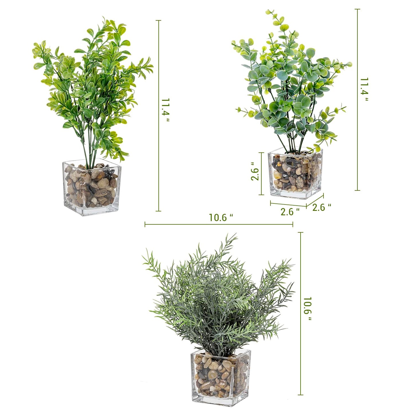 MyGift Artificial Rosemary Eucalyptus and Boxwood Plants Potted in Clear Glass Square Pots, Assorted Faux Greenery Indoor Home Table Centerpiece Office Desk Decor, 3 Piece Set