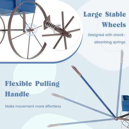 Giantex Decorative Garden Planter, Small Wagon Cart with Metal Wheels, Wood Raised Beds Plant Pot Stand for Backyard Garden Patio 24.5”Lx13.5”Wx24”H (Blue)