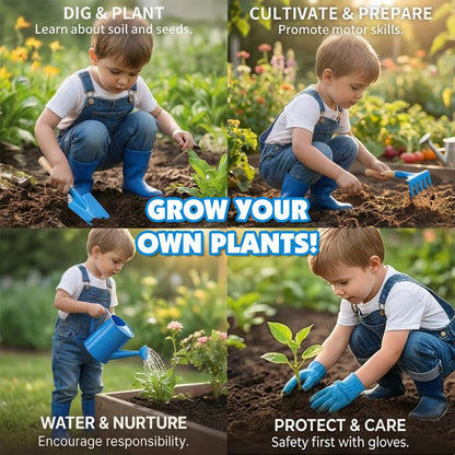 Kids Gardening Tools Set, Toddler Play Kit Child Outdoor Toy with Gloves, Watering Can, Metal Shovel, Rake, Spade & Storage Bag, Backyard Sand Digging Holiday Birthday Gift for Boy Girl 3 4 5 (Blue)
