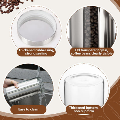 Suclain Stainless Steel Coffee Grounds Canisters with Shelf 3 x 50oz Sugar Coffee Bean Storage Container with Airtight Threaded Lid Glass Window Scoop Kitchen Jar Set for Bar Creamer Nut Tea