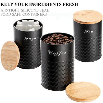 Bekith 3 Pack Kitchen Canisters with Bamboo Lids, Airtight Metal Canister Set, Food Storage Containers Jars for Coffee, Sugar, Tea, Flour, Rustic Kitchen Decor Containers, Black