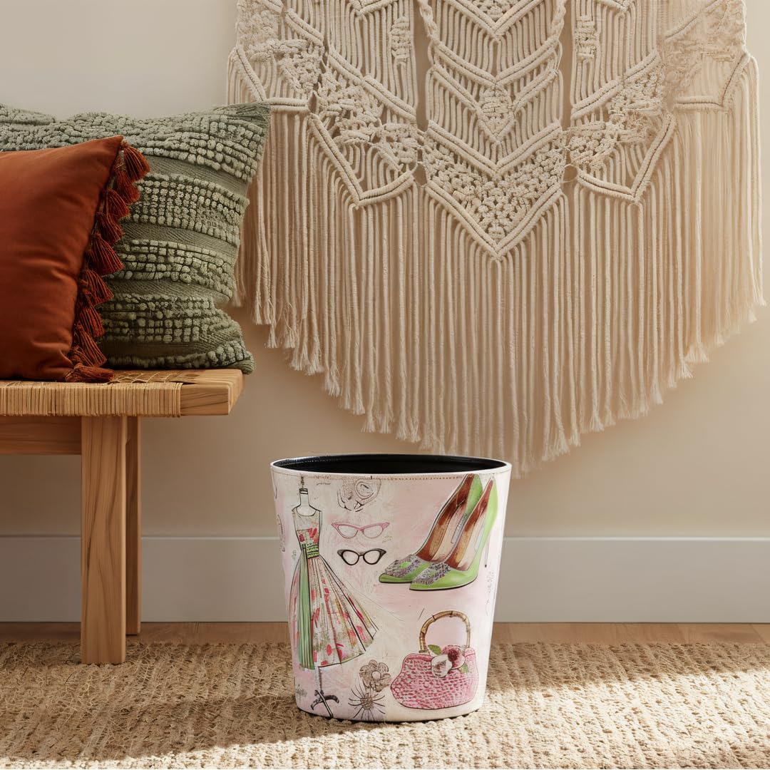 PU Leather Small Trash Can Wastebasket, Round Garbage Container Basket for Bathrooms, Laundry Room, Kitchens, Offices, Kids Rooms, Bedrooms,Dorms,Home Decorative Art Bin, 2.9 Gallon(Fashion Style)