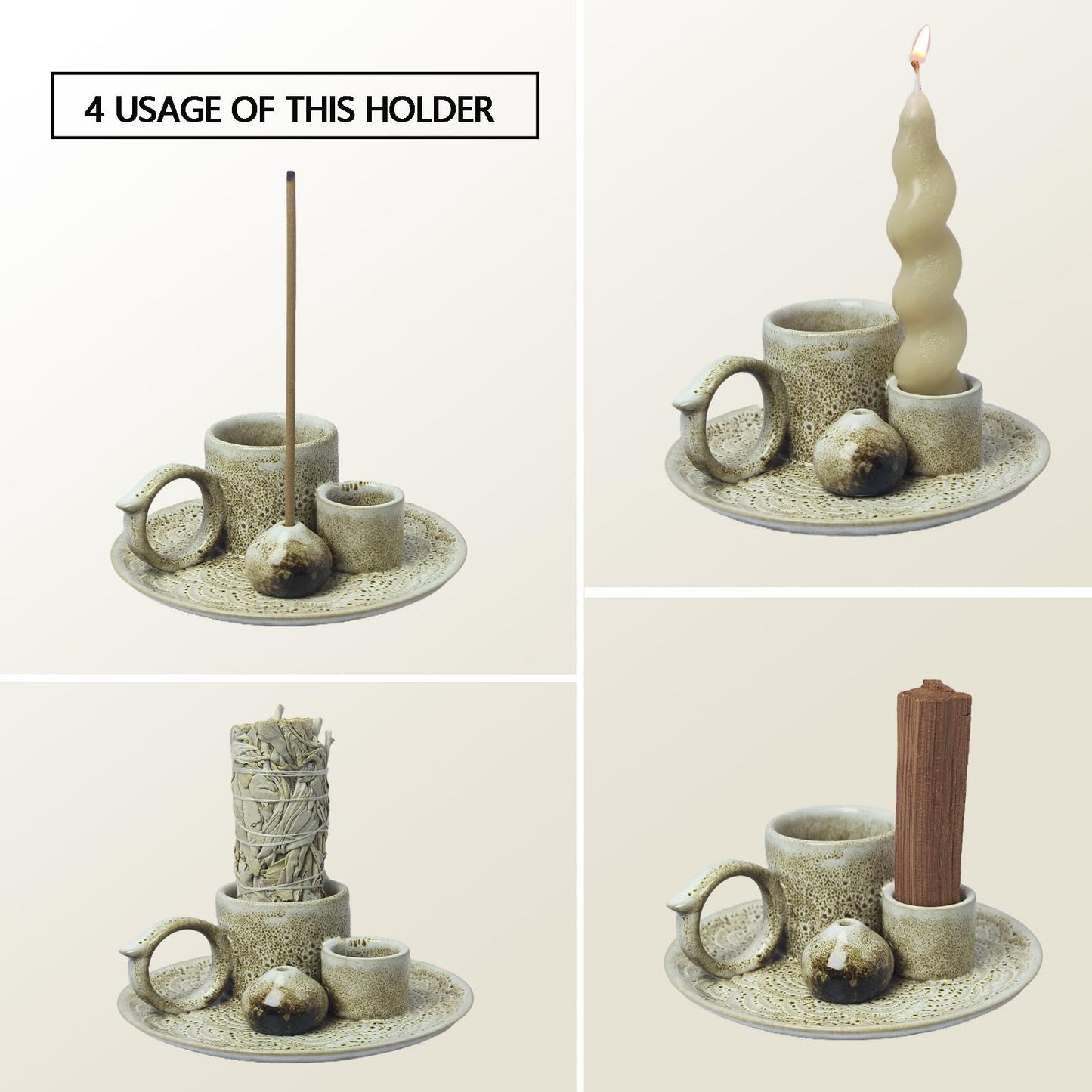Fyedroed 4 in 1 Incense Burner Holder for Sticks, Palo Santo Sticks Holder, Candle and Sage Holder for Burning Ceramic Ash Catcher Tray for Meditation Yoga Room Home Decor (Gray)