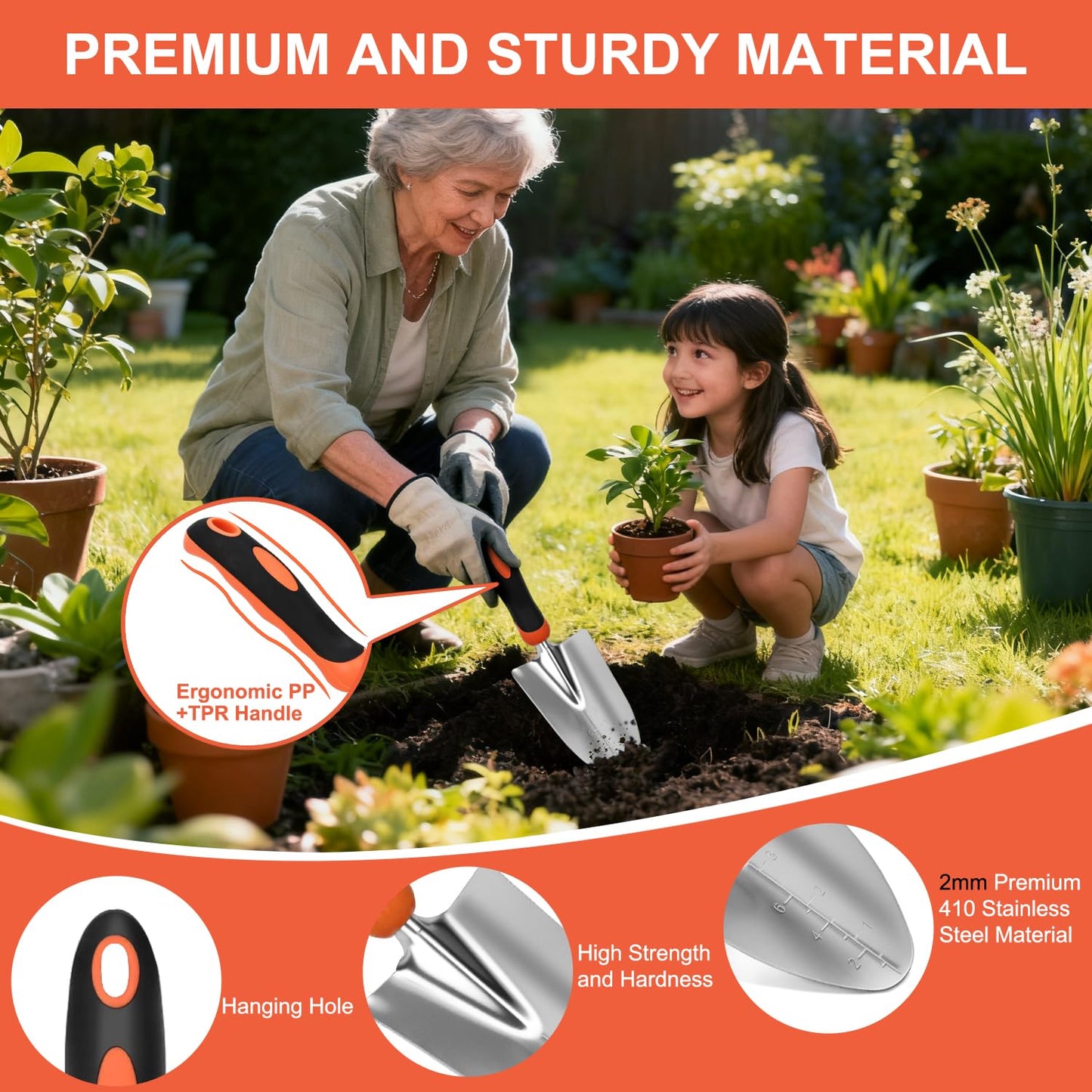 Yesker Gardening Tools 9-Piece Heavy Duty Garden Tool Set Gardening Supplies Gifts for Women Men Gardening Hand Tool Kit with Non-Slip Ergonomic Handle, Garden Bag, Durable Gloves and Shears, Orange