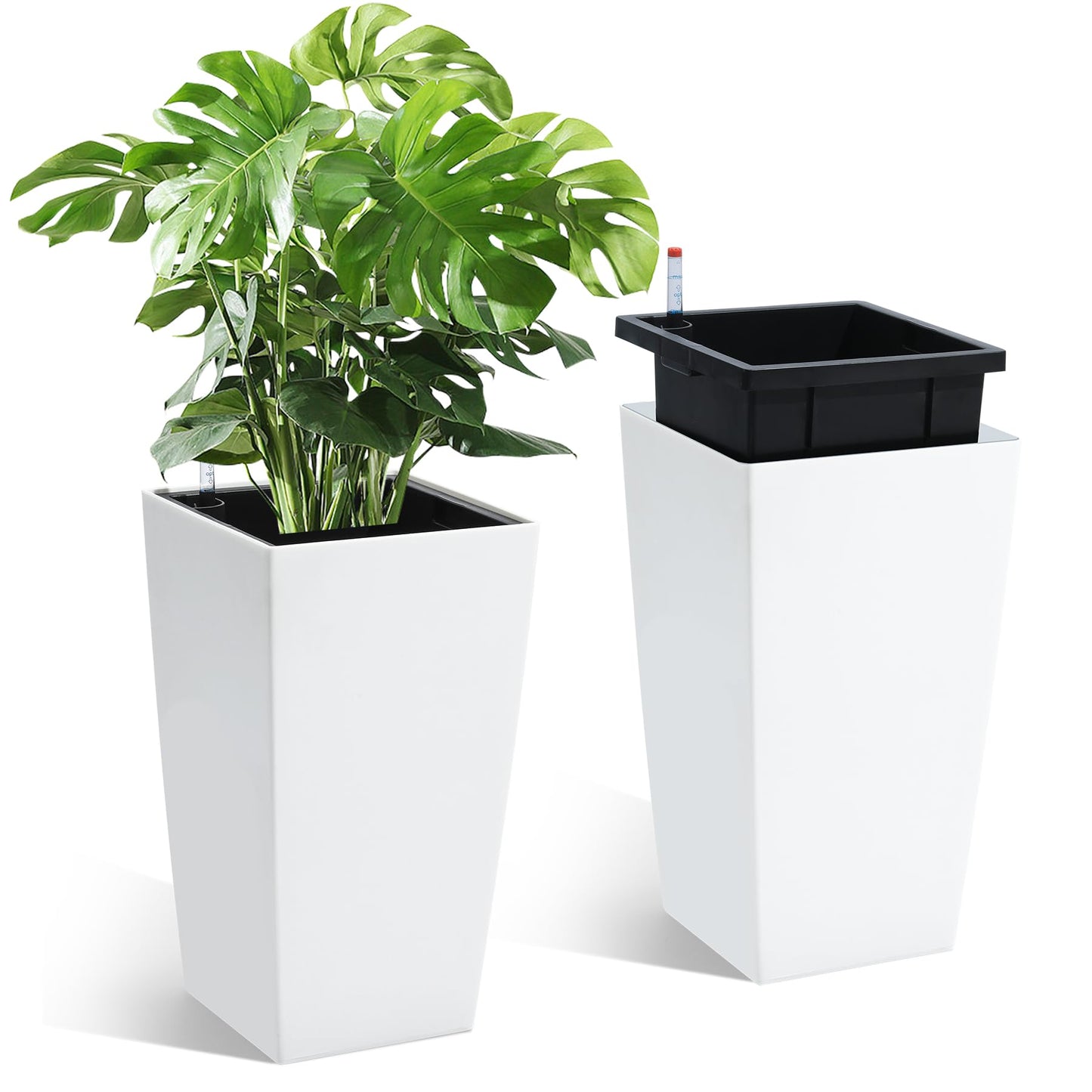 PeakPursuit 16" Tall Planters Set of 2, Outdoor＆Indoor Black Planter Pots, High Front Porch Planter Pots with Drainage Holes＆Water Level Monitor＆Inner Bucket, Automatic Watering, White
