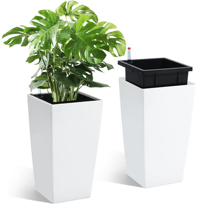 PeakPursuit 16" Tall Planters Set of 2, Outdoor＆Indoor Black Planter Pots, High Front Porch Planter Pots with Drainage Holes＆Water Level Monitor＆Inner Bucket, Automatic Watering, White