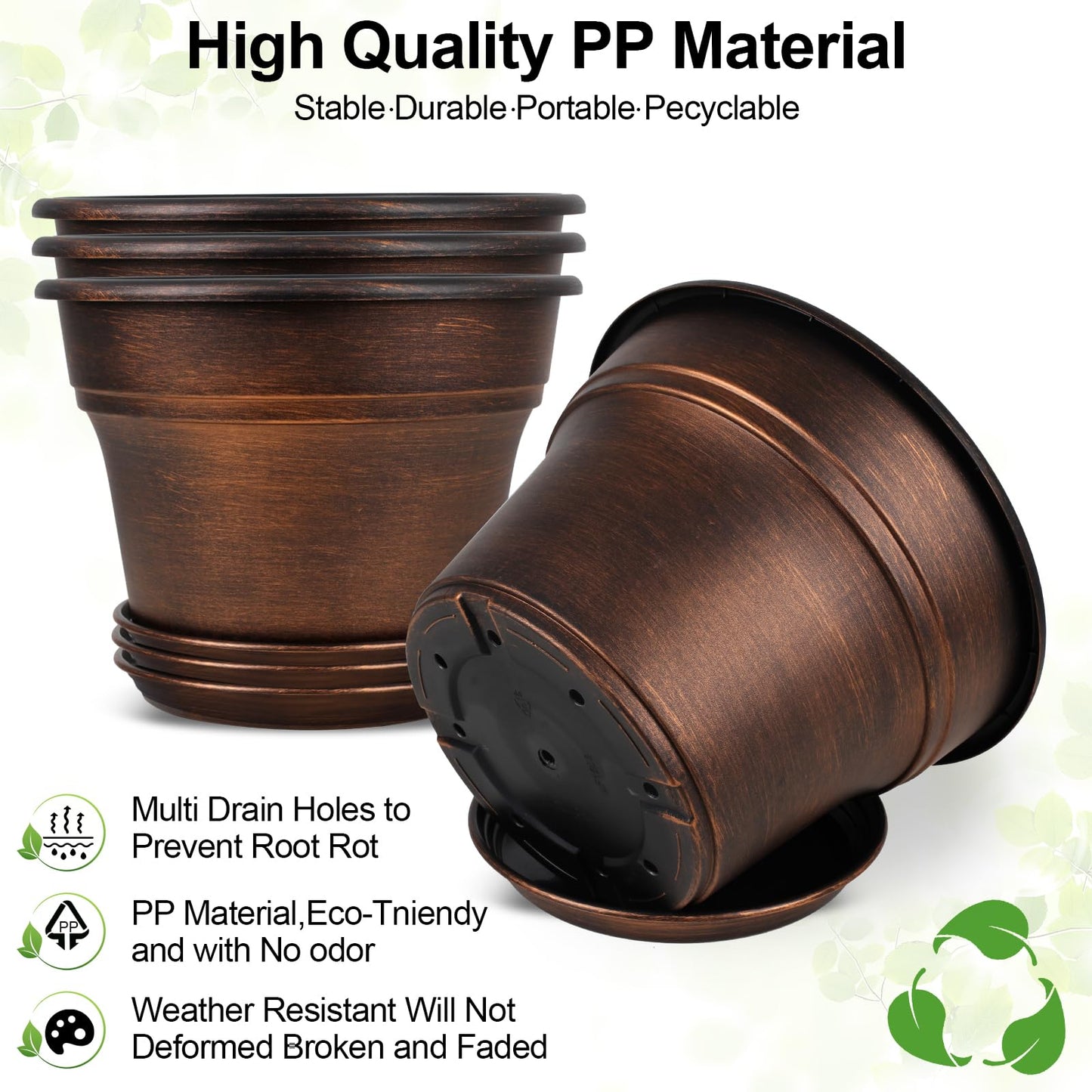 Fodetyff 10 Inch Planters Plant Pots Indoor Outdoor, 4 Pack Plastic Flower Pot for Indoor Plants with Drainage Holes & Trays, Resin Decorative Container Sets with Saucer for House Garden Copper