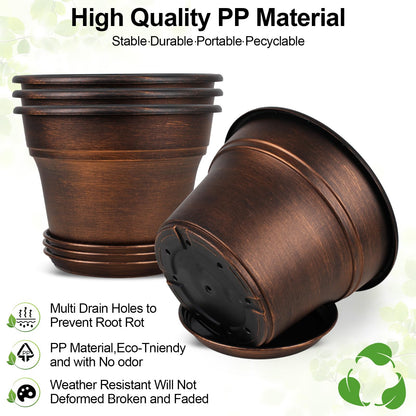 Fodetyff 10 Inch Planters Plant Pots Indoor Outdoor, 4 Pack Plastic Flower Pot for Indoor Plants with Drainage Holes & Trays, Resin Decorative Container Sets with Saucer for House Garden Copper