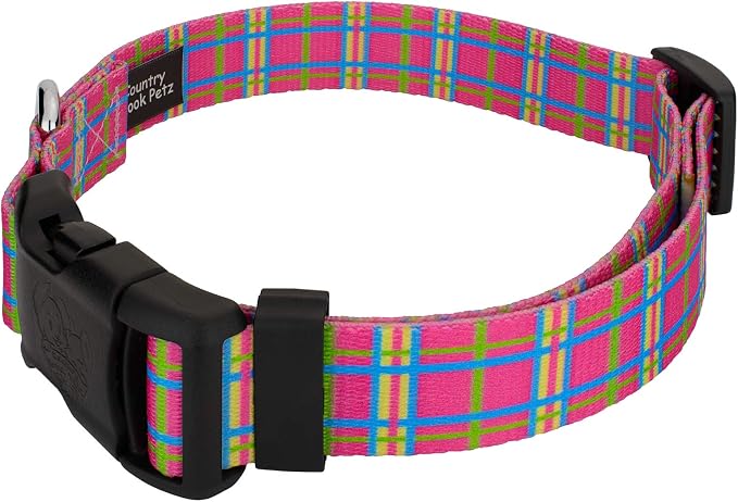 Country Brook Petz - Bubblegum Pink Plaid Everyday Collar and Leash - Plaid and Argyle Collection Featuring Charming Designs (1 Inch, Medium)