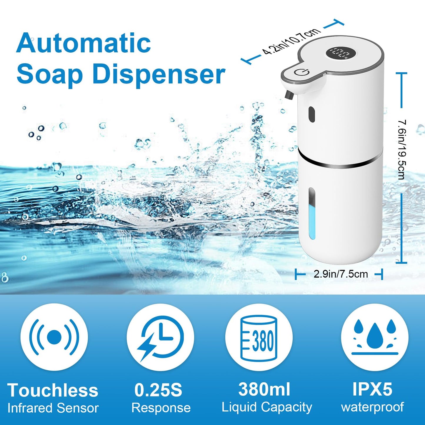 OHIFAST Automatic Liquid Soap Dispenser Touchless, USB Rechargeable Smart Hand Soap Dispenser, 6-Level Adjustable, 12.8oz/380mL Wall Mounted for Bathroom Kitchen Accessories Dish Soap-White