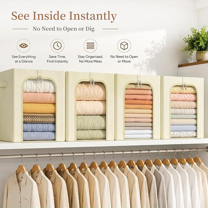 GoMaihe Clothes Storage Bins with Metal Frame, 55L Blanket Storage Boxes for Above Shelf Closet, 6 Pack Stackable Clothing Storage Organizer with Clear Window for Bedding Sweaters Comforters – Beige