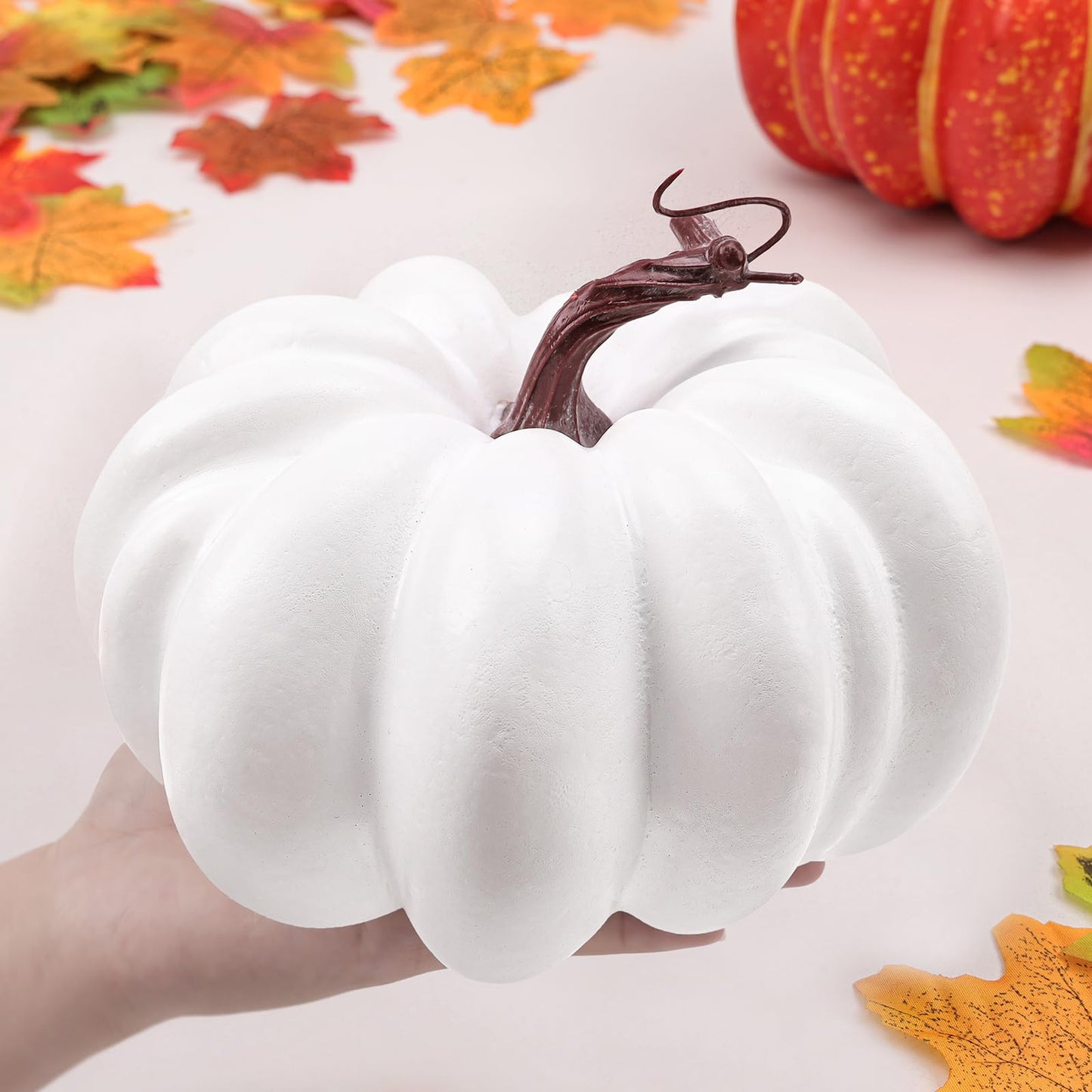 Meiwlong 6.7 Inch White Artificial Pumpkins for Decorating,Carvable Foam Pumpkin for DIY Crafts,Fall Home Decorations,Plastic Pumpkins for Thanksgiving Halloween Table Centerpiece Decor