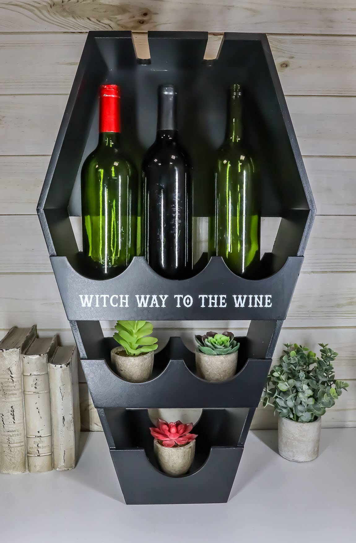 Ebros Gothic Graveyard Creepy Oddity Witches and Vampire Black Coffin Casket Wine Glasses and Bottles Rack Display Shelf Stand MDF Wood Dead Alchemy Home Office Room Accent
