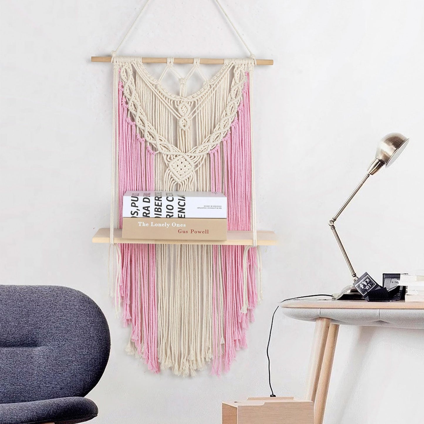 HVEST Pink Macrame Wall Hanging Shelf Boho Wall Decor Floating Storage Book Shelf Pink and Beige Handmade Woven Tapestry for Bedroom Living Room Dorm Nursery Bathroom Wall Art Macrame Plant Hanger