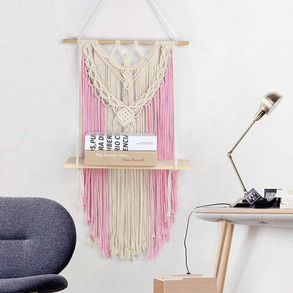 HVEST Pink Macrame Wall Hanging Shelf Boho Wall Decor Floating Storage Book Shelf Pink and Beige Handmade Woven Tapestry for Bedroom Living Room Dorm Nursery Bathroom Wall Art Macrame Plant Hanger