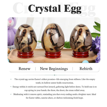SUNYIK Natural Septarian Dragon Crystal Egg with Wooden Stand, Polished Oval Stone Egg Feng Shui Decoration Home Office Specimen for Easter Day, 2.4-2.95"