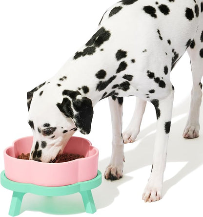 VETRESKA Elevated Dog Bowls Large, 64OZ Ceramic Raised Dog Bowl with Bamboo Stand, Flower-Shaped Food Water Bowl, Pet Feeding Dish Bowls for Medium/Large Dogs and Cats