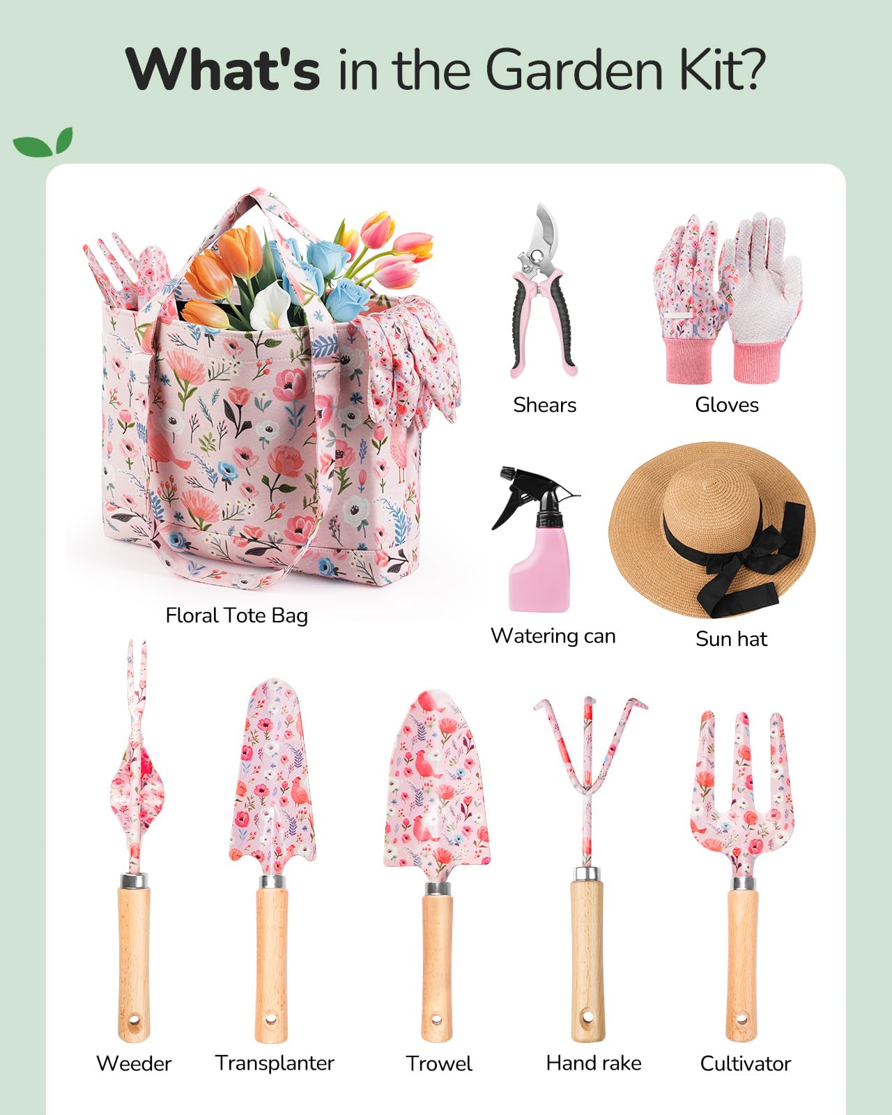 Grenebo Gardening Tools, 10-Piece Gardening Gift Set for Women, Rust-Proof & Heavy-Duty Tools with Floral Organizer Bag, Fashionable & Thoughtful Gift for Garden Women (Pink)