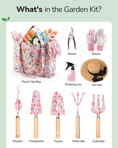 Grenebo Gardening Tools, 10-Piece Gardening Gift Set for Women, Rust-Proof & Heavy-Duty Tools with Floral Organizer Bag, Fashionable & Thoughtful Gift for Garden Women (Pink)