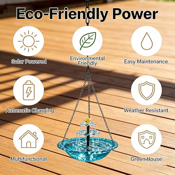 Solar Fountain for Bird Bath，Solar Cascade Hanging Bird Bath Fountain，Large Humming Birds Baths Fountains, with Solars Pump & Glass Bowl, for Outdoor, Gardens (red)